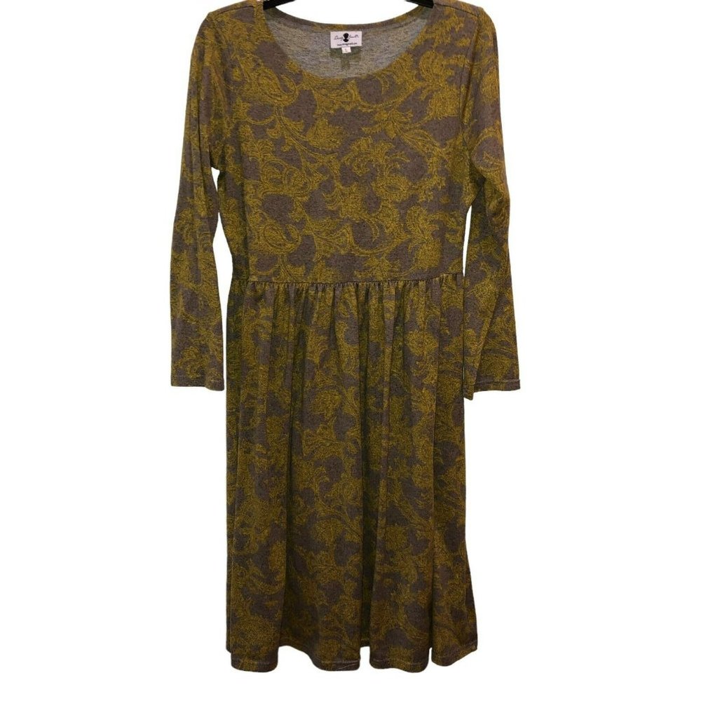 Dainty Jewells Womens Large Gray Mustard Floral Long Sleeve Classic Dress Size L